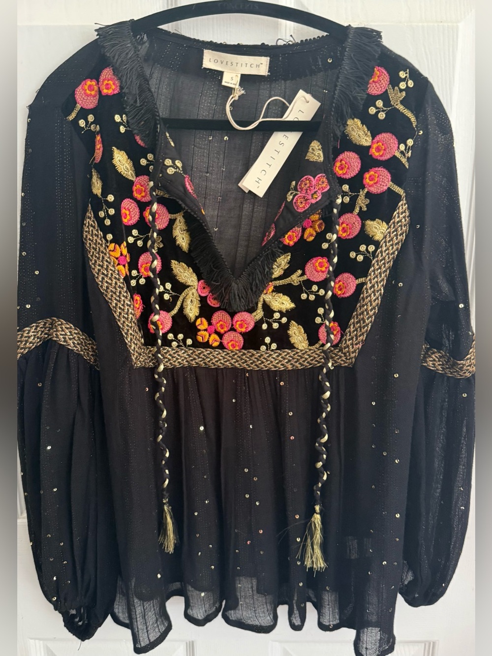 Lovestitch Black Blouse with Pink & Gold Embroidery